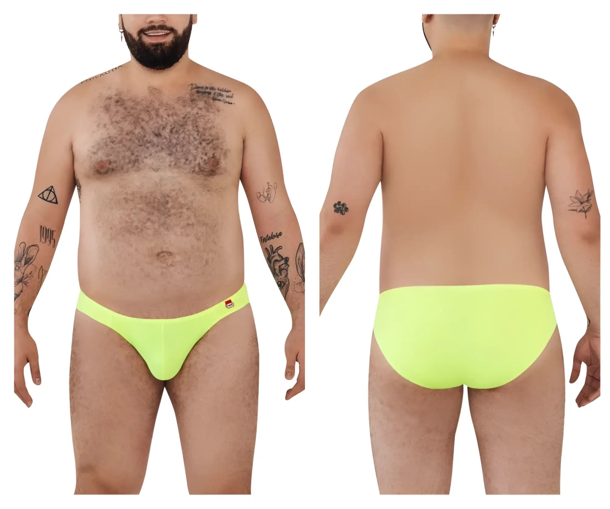 Bright neon yellow Pikante PIK 0977X Angola bikini briefs with smooth stretchy fabric and small red logo on left hip