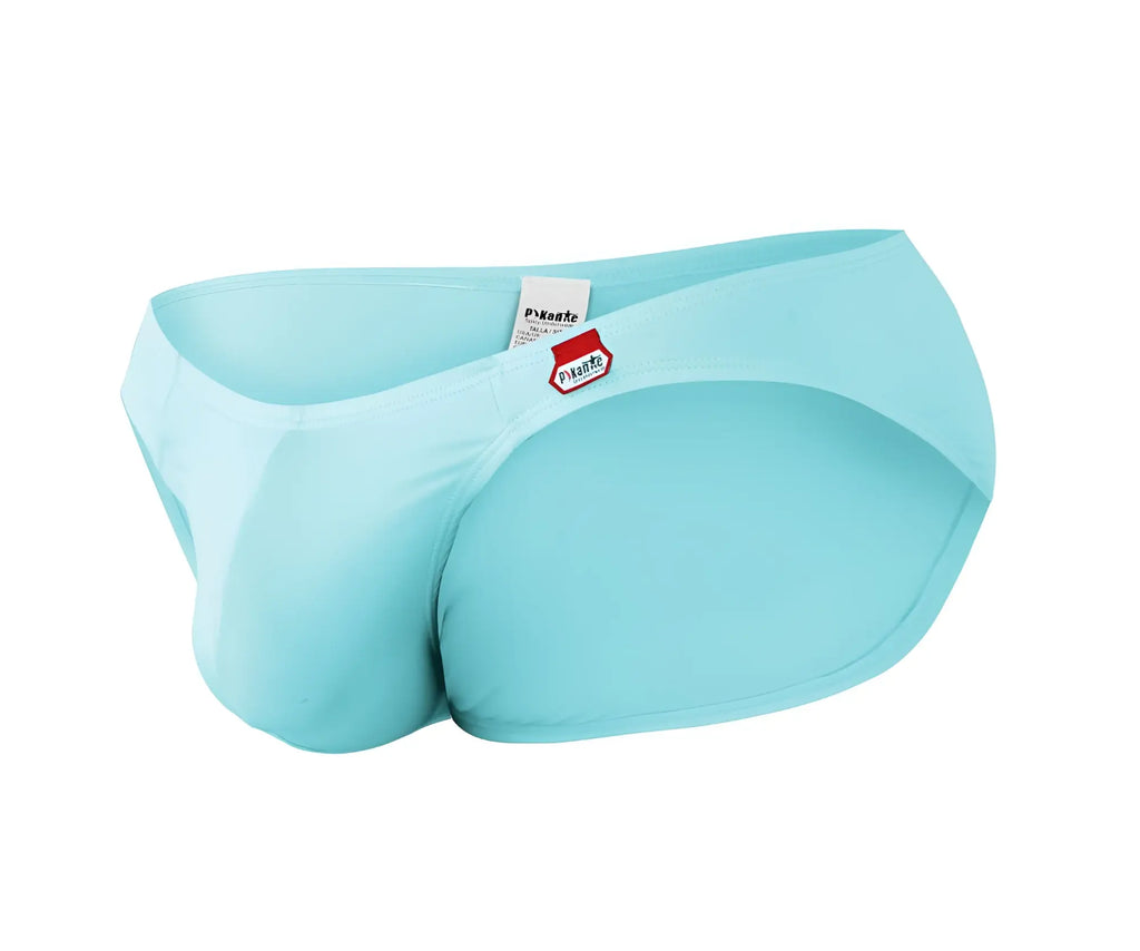 Light blue form-fitting Pikante PIK 0977X Angola bikini swim trunks with red and white brand tag on waistband