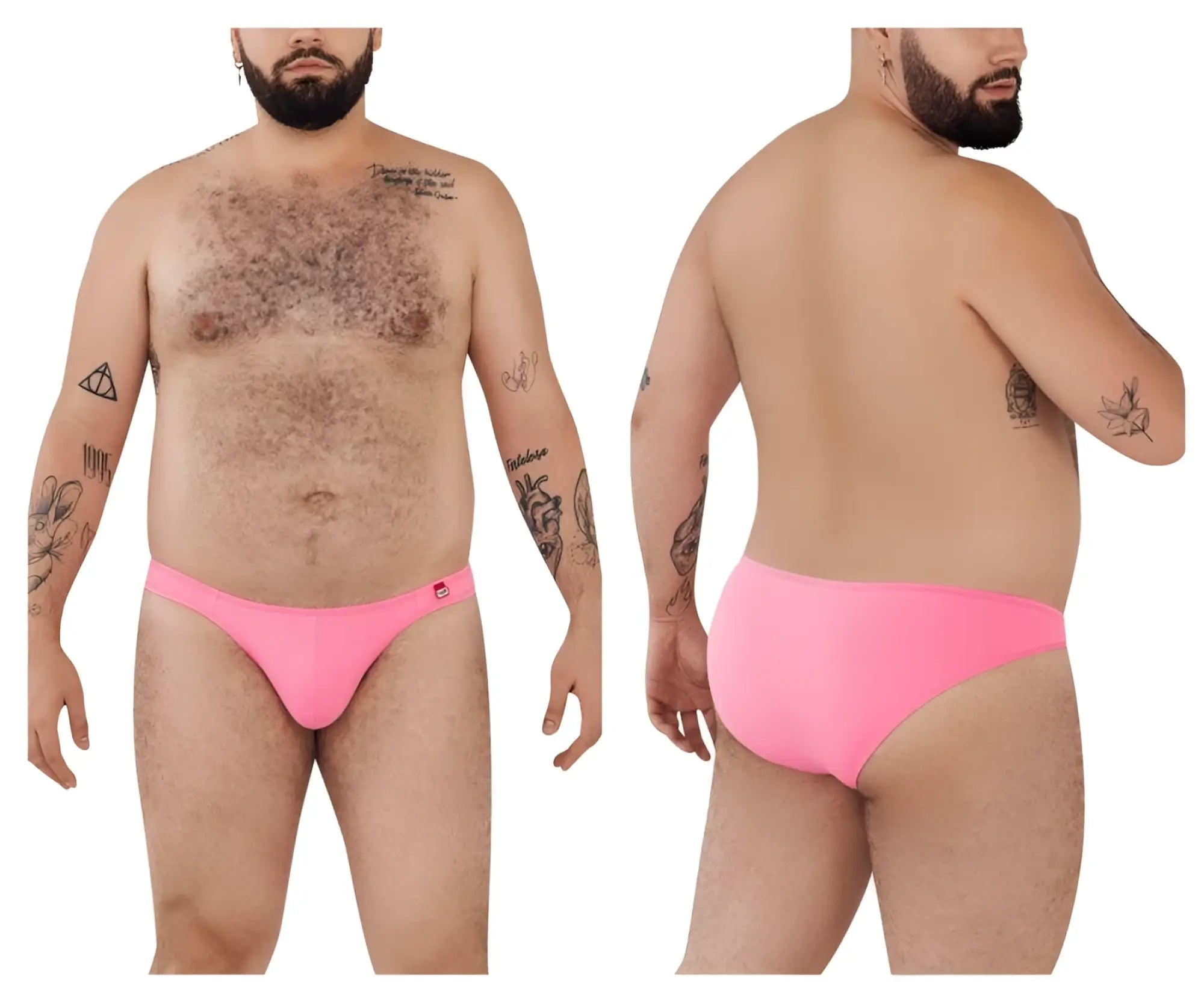 Bright pink smooth textured pikante pik 0977x angola bikini men’s briefs with small red logo on waistband