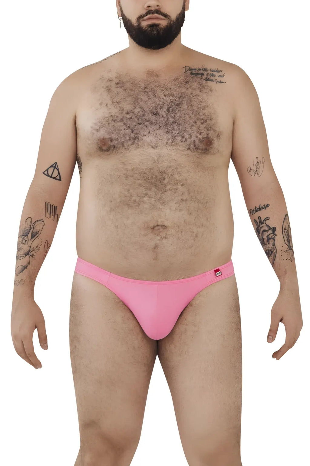 Pink pikante pik 0977x angola bikini briefs with a small red logo on the left hip in front view