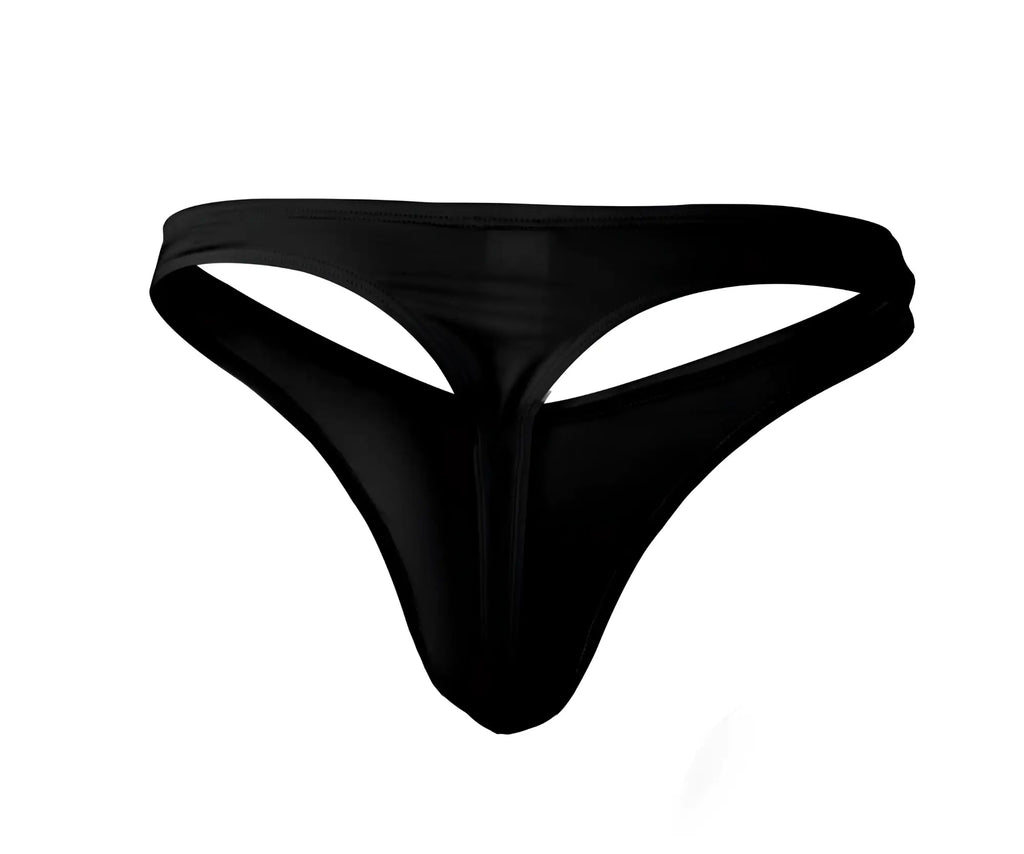 Black sleek form-fitting pikante PIK 0978X Angola thong made of smooth glossy material showing back side
