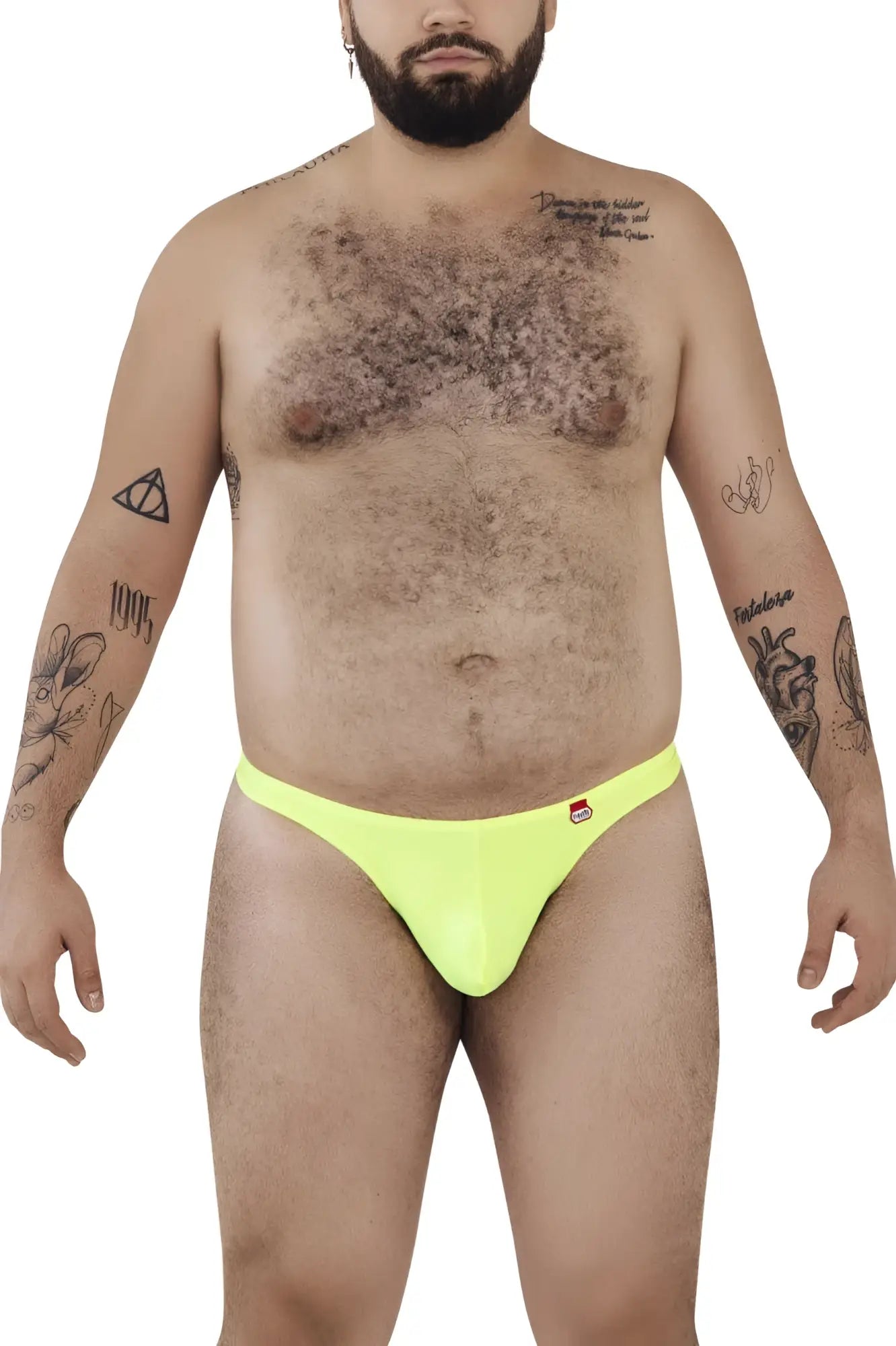 Front view of a man wearing a Pikante PIK 0978X Angola thong in neon green.