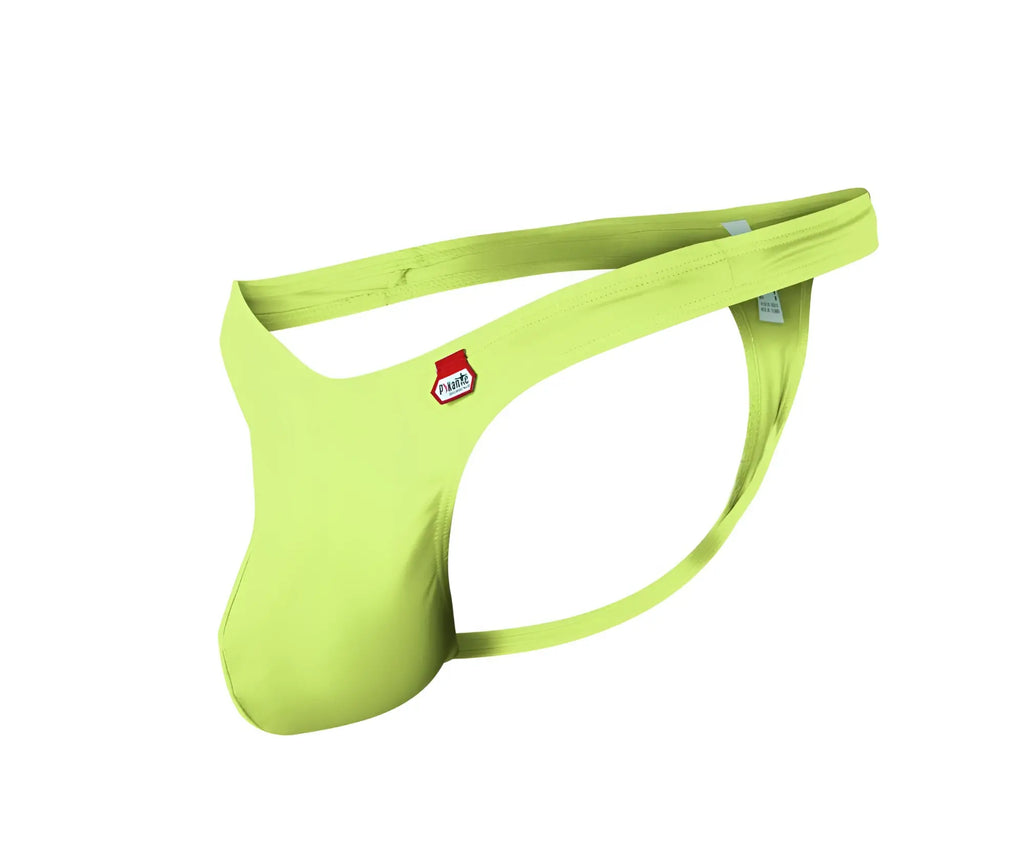Vibrant lime green pikante pik 0978x angola men’s thong with red and white logo patch on the hipband