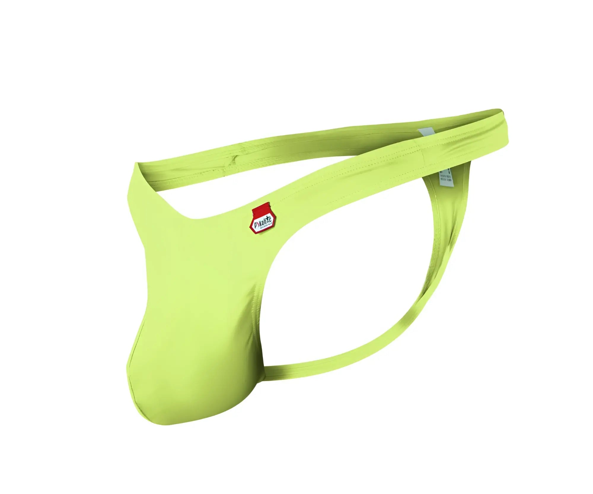 Vibrant lime green pikante pik 0978x angola men’s thong with red and white logo patch on the hipband