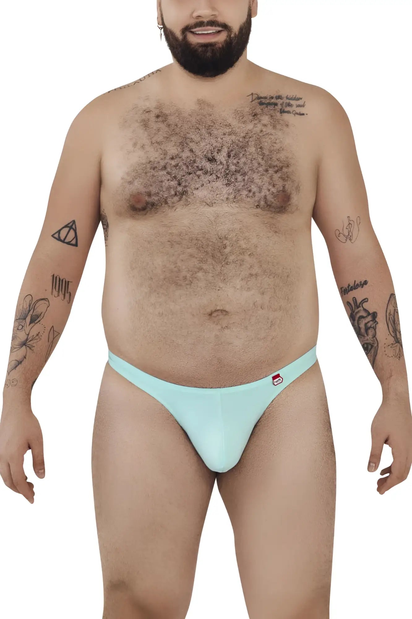 Light blue smooth textured men’s briefs with a small red and white pikante logo on the waistband