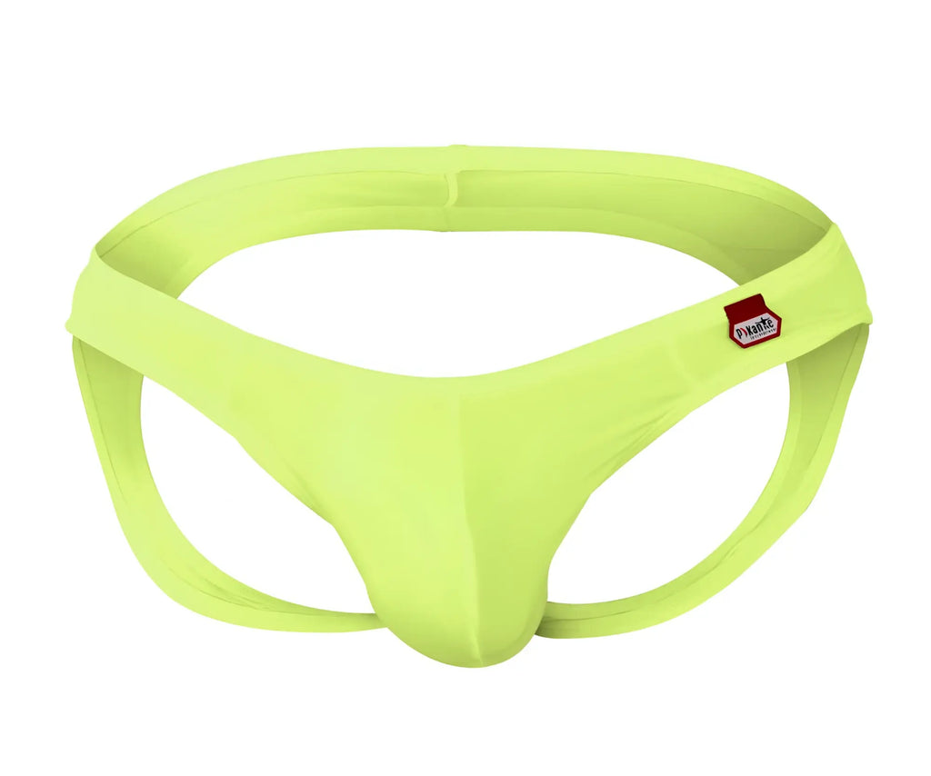 Pikale pik 0979x angola jockstrap in bright lime green seamless fabric briefs with a red and white brand tag on waistband