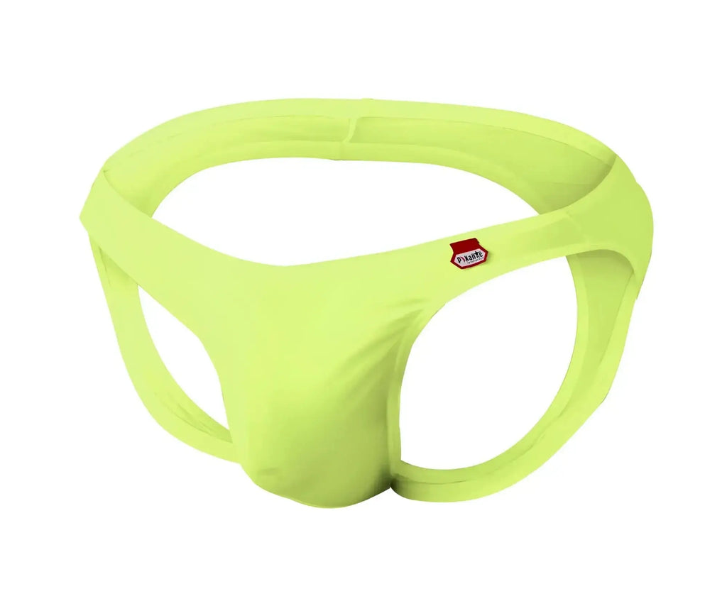 Bright lime green seamless fabric briefs with a small red and white pikante logo on the side for comfortable wear