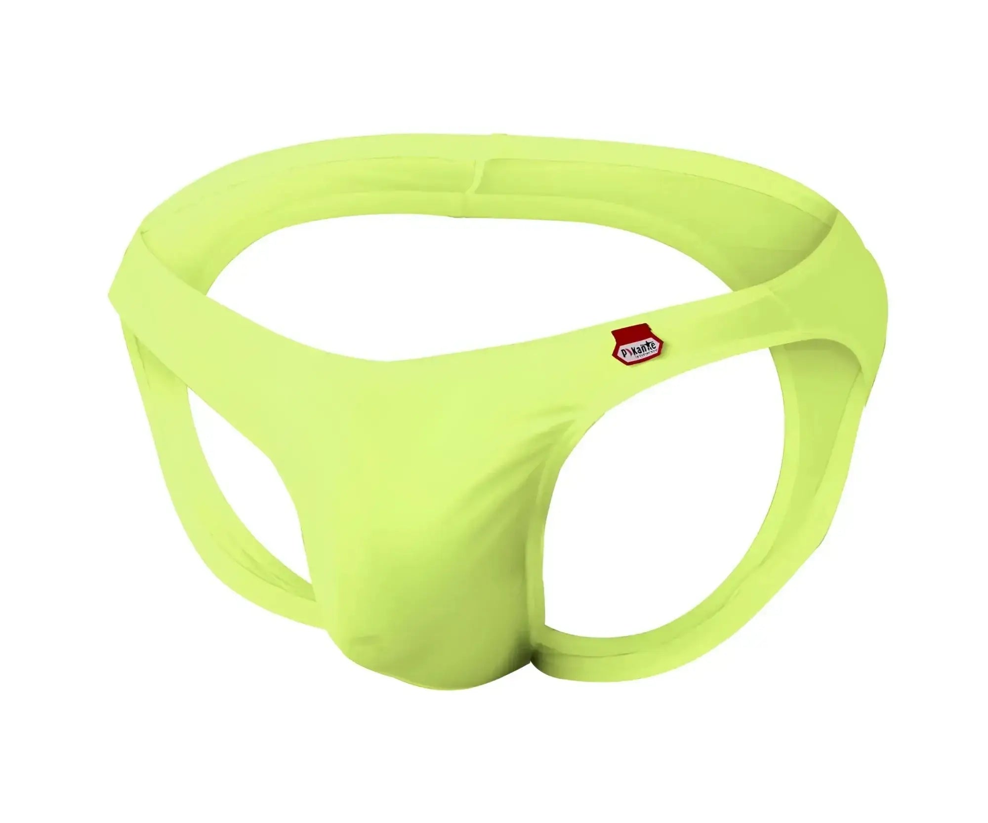 Bright lime green seamless fabric briefs with a small red and white pikante logo on the side for comfortable wear
