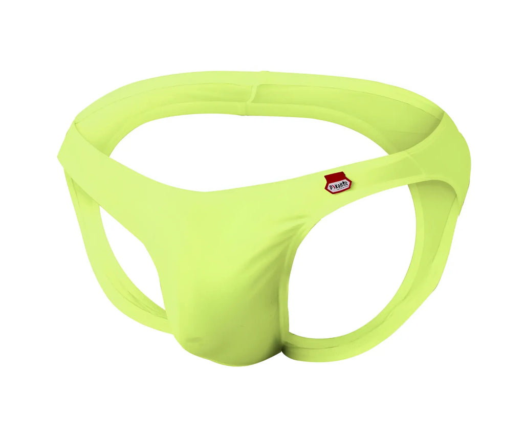 Bright lime green seamless fabric briefs with a small red and white pikante logo on the side for comfortable wear
