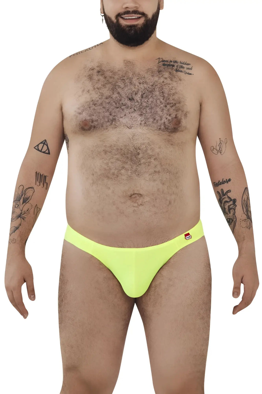 Bright neon yellow briefs with red and white logo on waistband part of pikante pik 0979x angola jockstrap green line