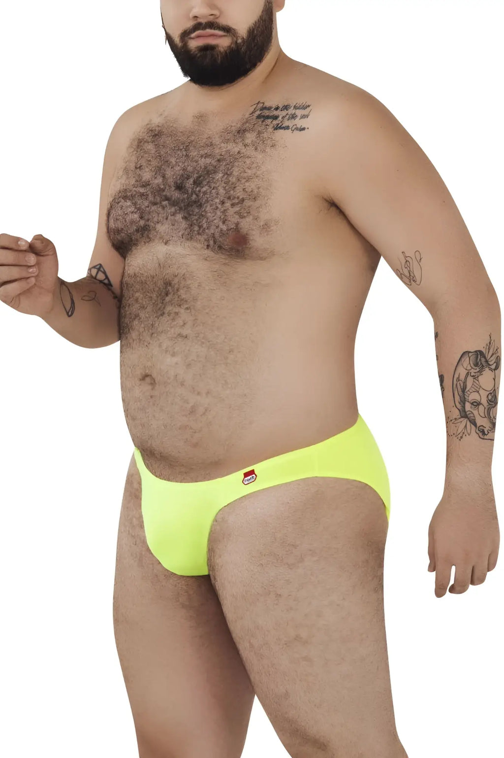 Bright neon yellow briefs with red and white logo on left hip from pikante pik 0979x angola jockstrap green color
