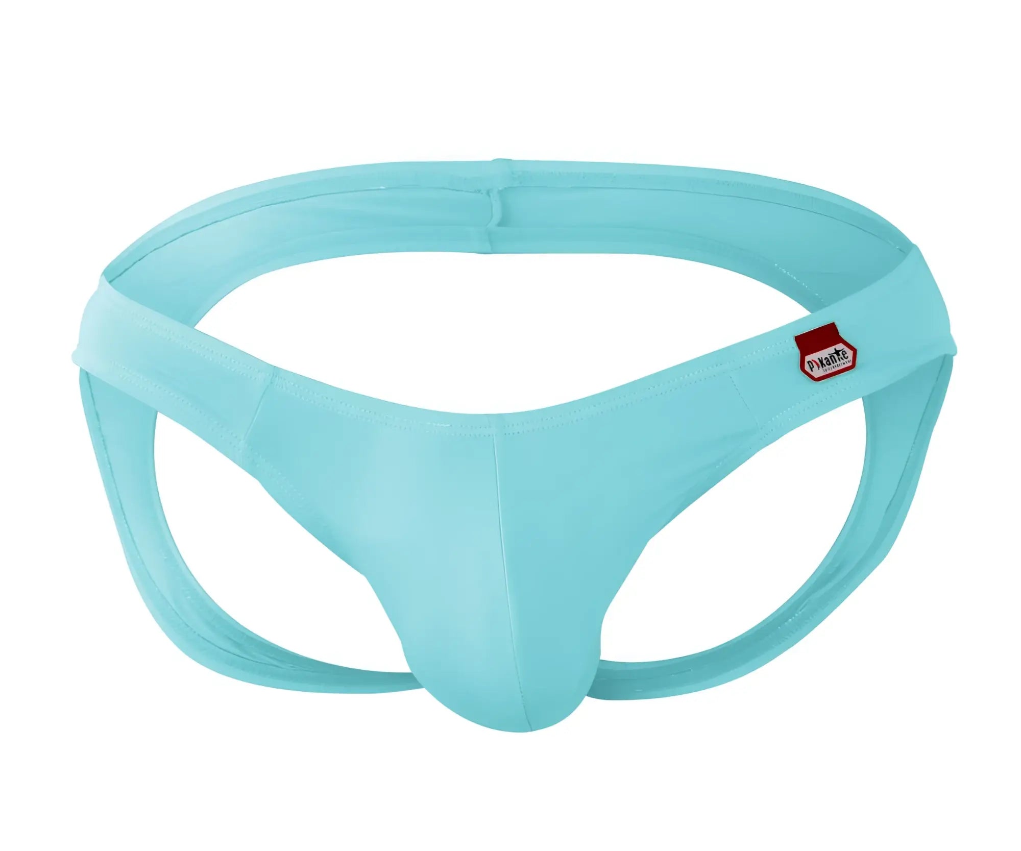 Light blue satin-like pikante angola jockstrap thong with small red and white brand tag on the side