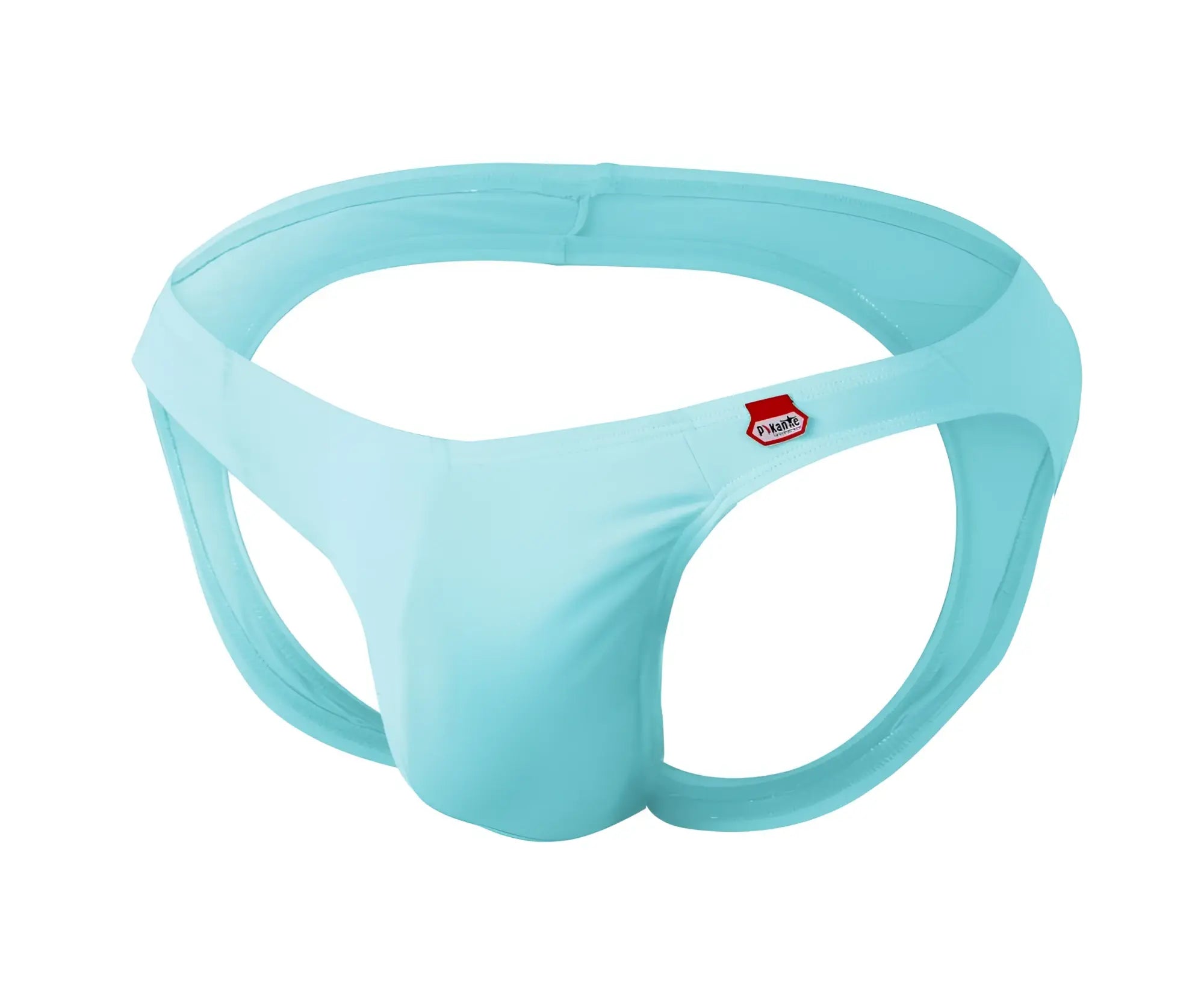 Light blue seamless fabric briefs by pikante with a red and white logo on the side for comfortable support