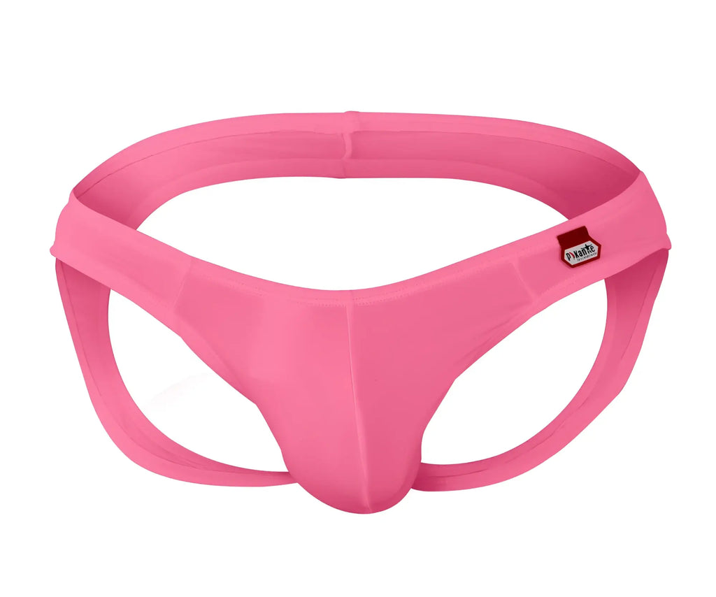 Pink glossy nylon thong with red and white Pikante brand tag on waistband from pik 0979x angola jockstrap collection