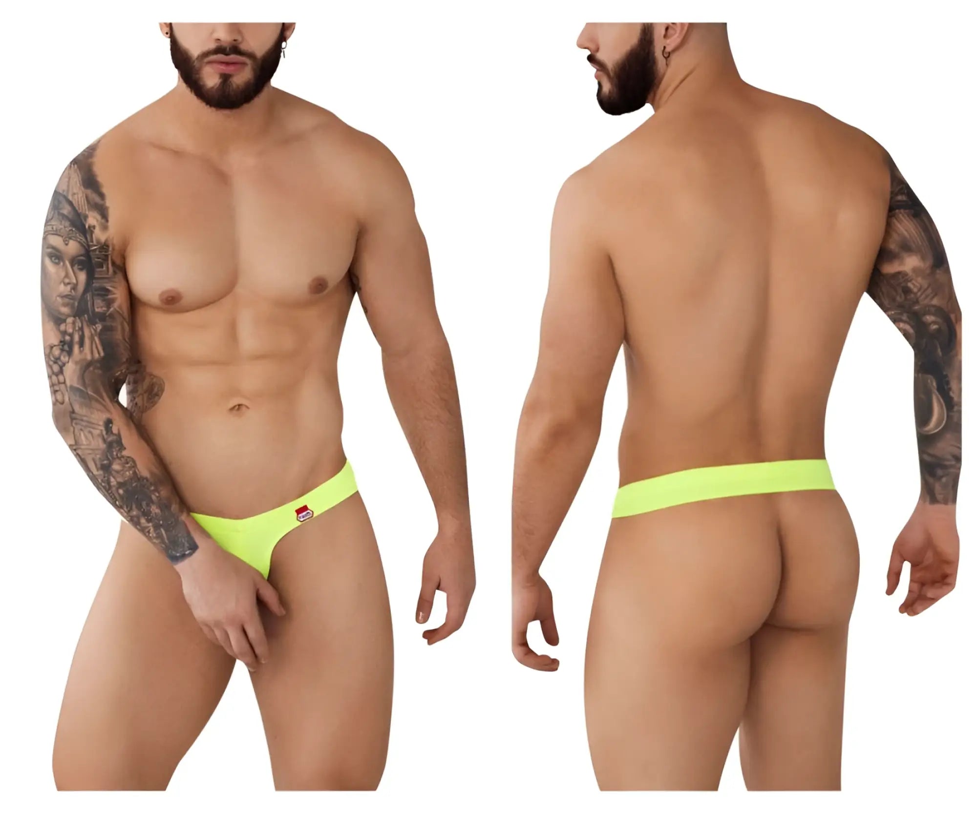 Neon green pikante pik 0980 angola ball lifter c-ring briefs with red and white logo on left hipband