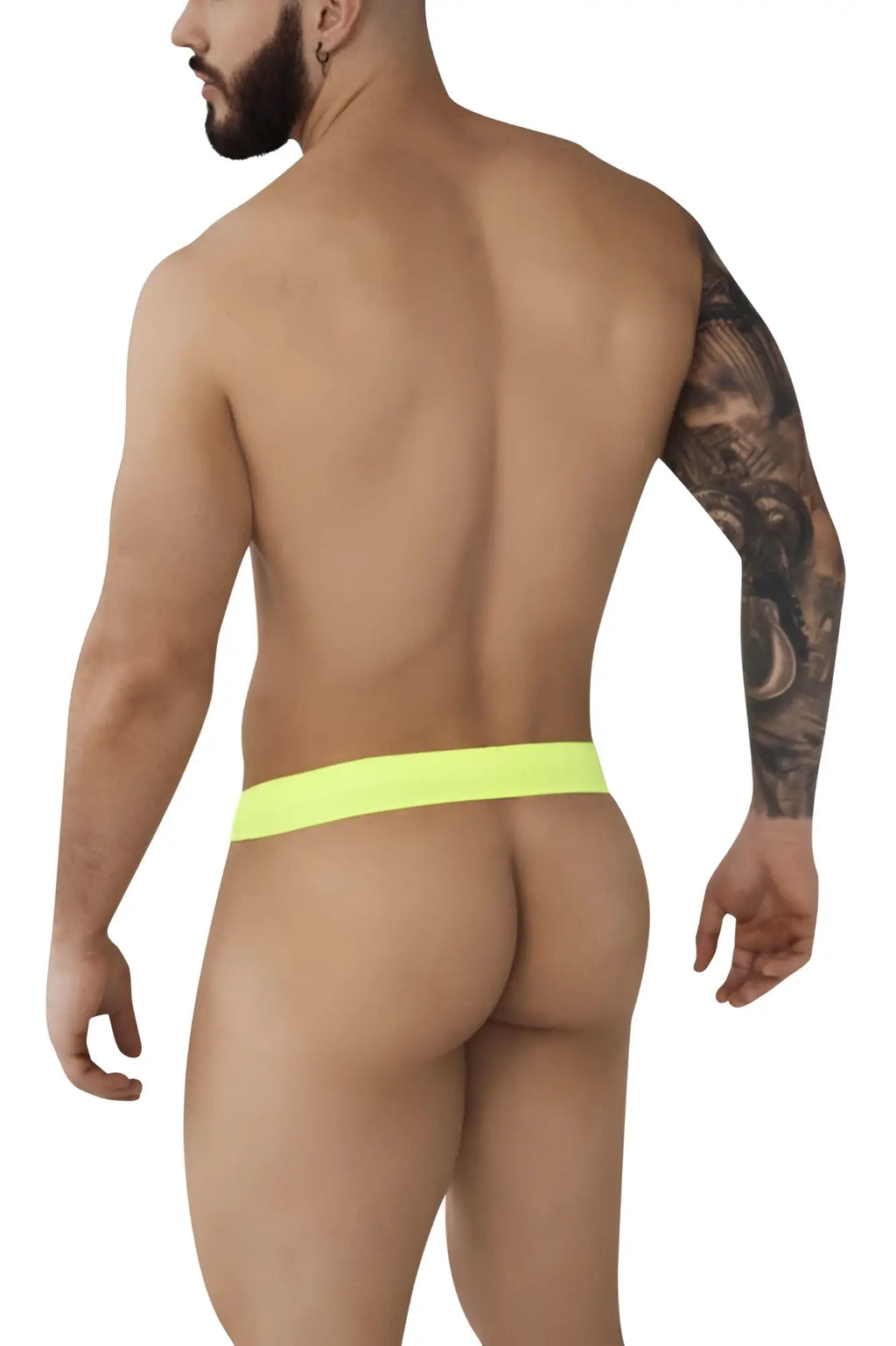 Neon yellow thong with a snug seamless fit featured in pikante pik 0980 angola ball lifter c-ring green color back view