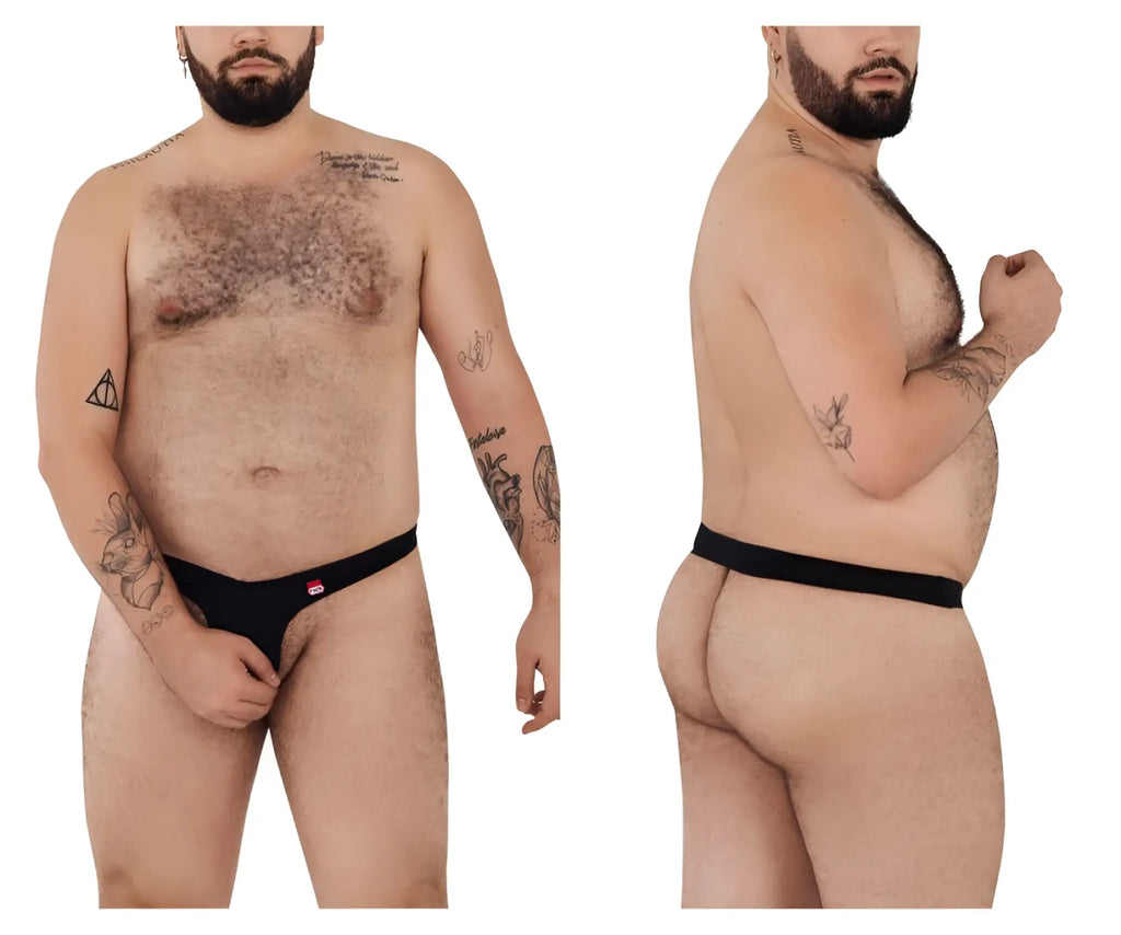 Black thong with a small red logo on the waistband from pikante pik 0980x angola ball lifter c-ring in black