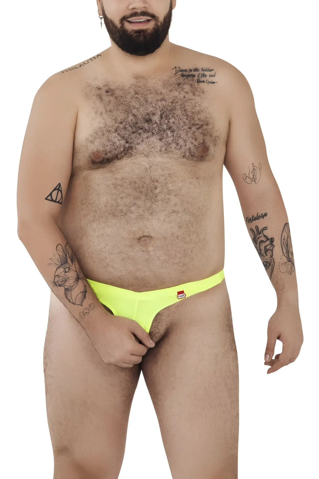 Neon yellow pikante briefs with a red logo on the left hipband featuring the angola ball lifter c-ring design
