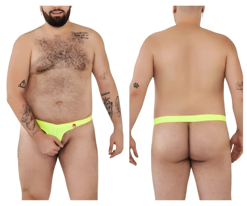 Front and back lifestyle shots of the green Pikante Angola Ball Lifter C-Ring on a male model.