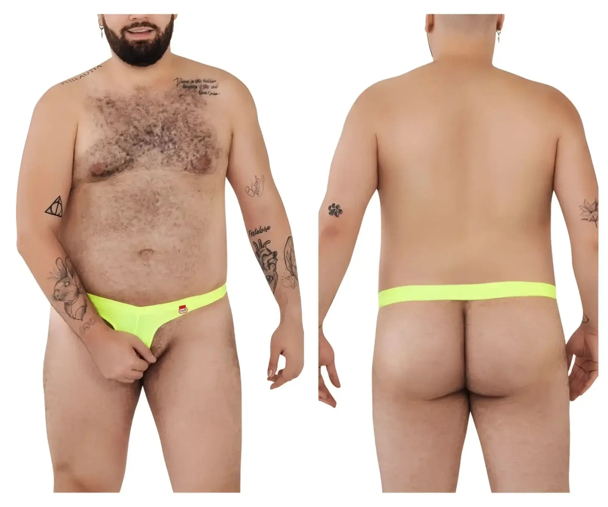Front and back lifestyle shots of the green Pikante Angola Ball Lifter C-Ring on a male model.