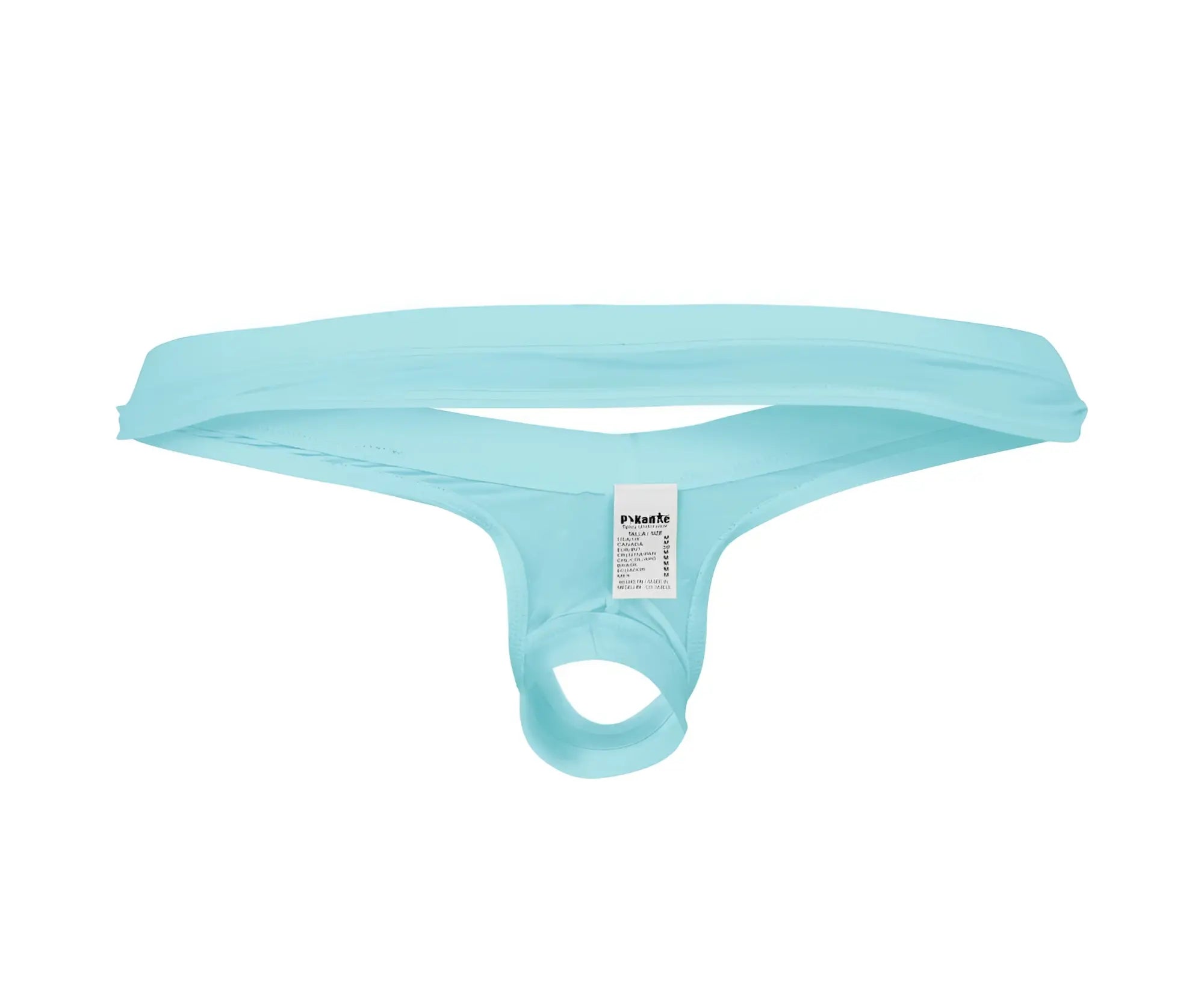 Light blue stretchy fabric thong back with small white label pikante pik 0980x angola ball lifter c-ring