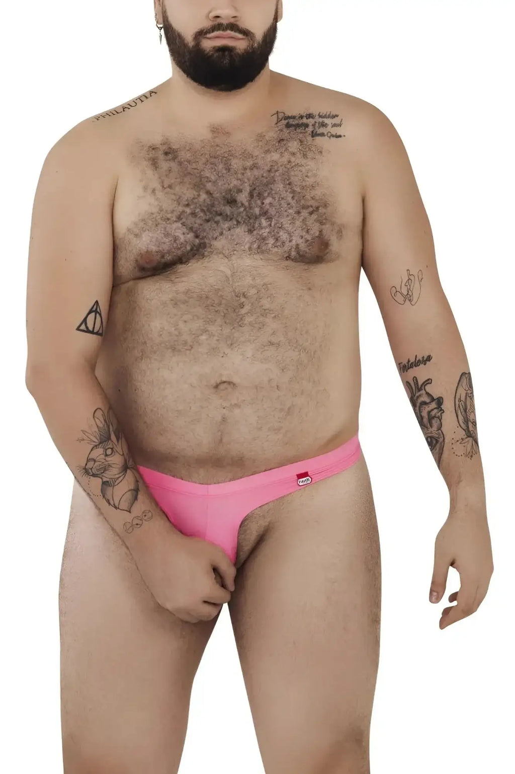 Lifestyle shot of a man wearing a pink Pikante PIK 0980X Angola ball lifter C-ring.