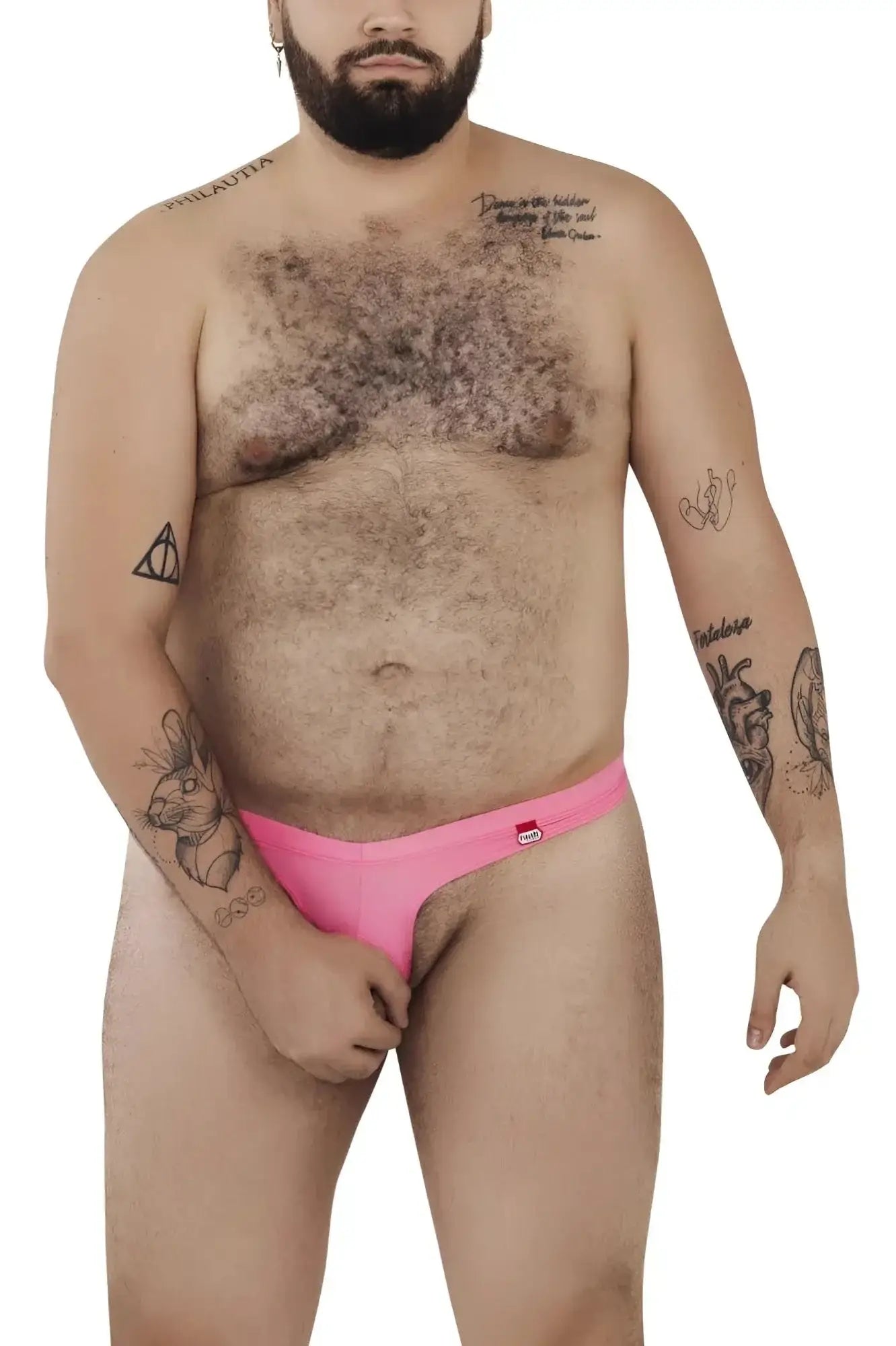 Lifestyle shot of a man wearing a pink Pikante PIK 0980X Angola ball lifter C-ring.