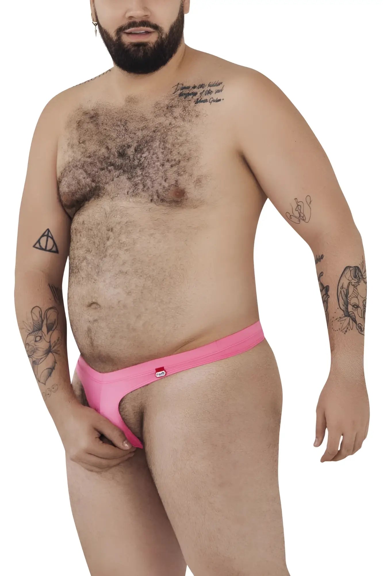 Bright pink pikante PIK 0980X Angola ball lifter briefs with smooth texture and red white logo on left hipband