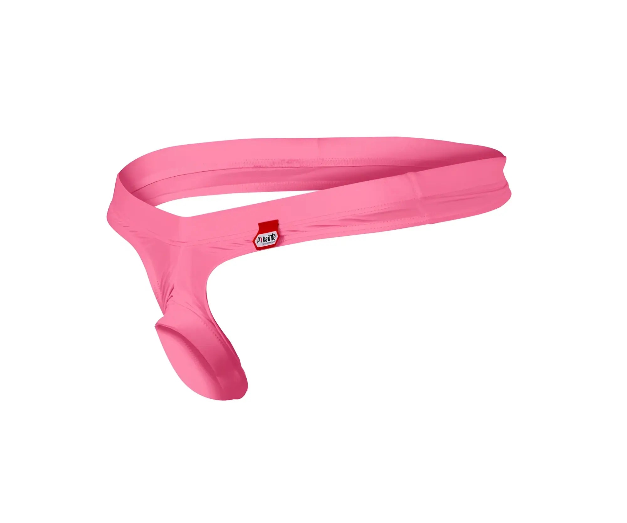 Pink fabric men’s jockstrap with a ball lifter c-ring and a small red and white pikante brand tag