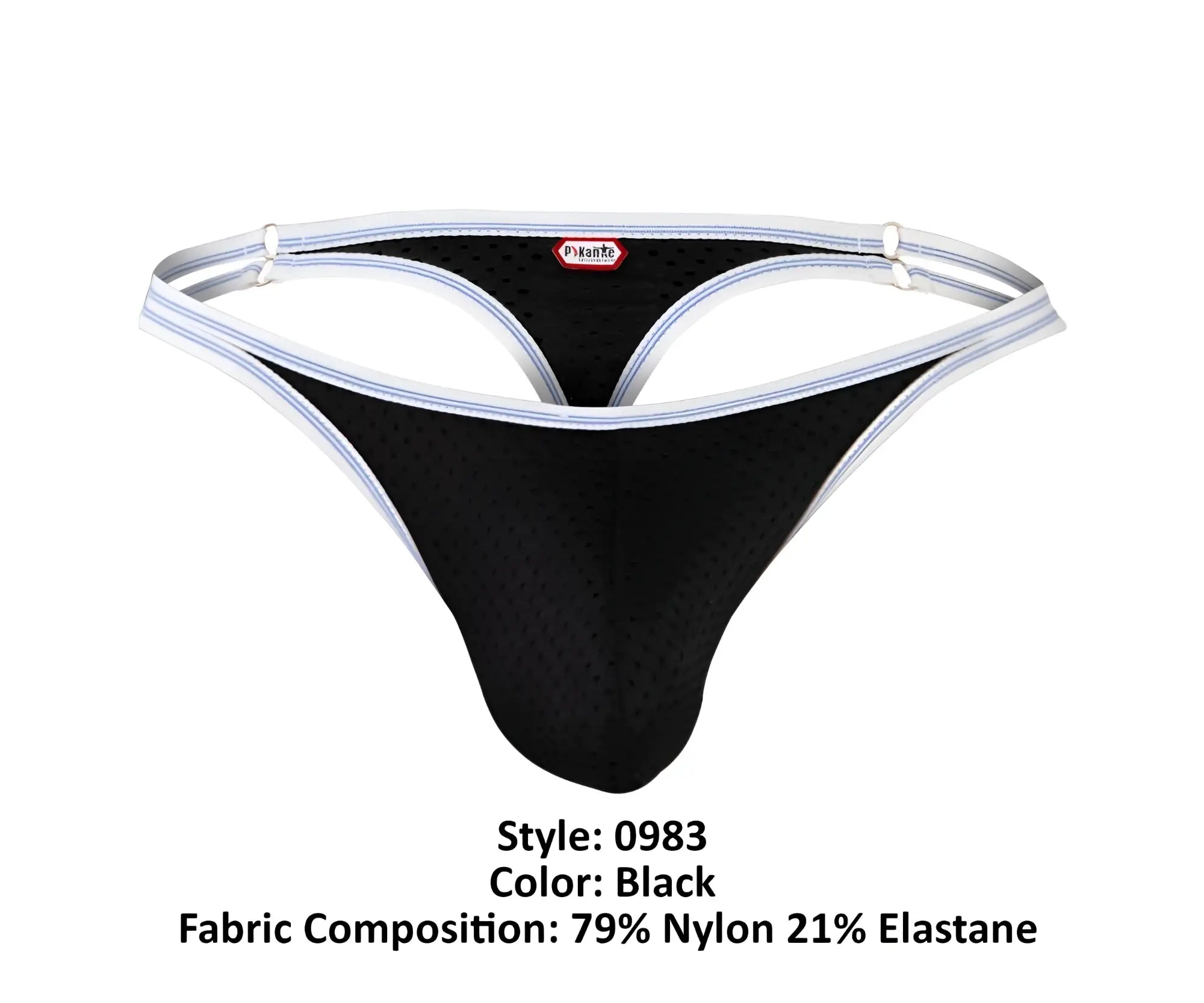 Front view of the black Pikante PIK 0983 Novo thong with white trim against a white background.