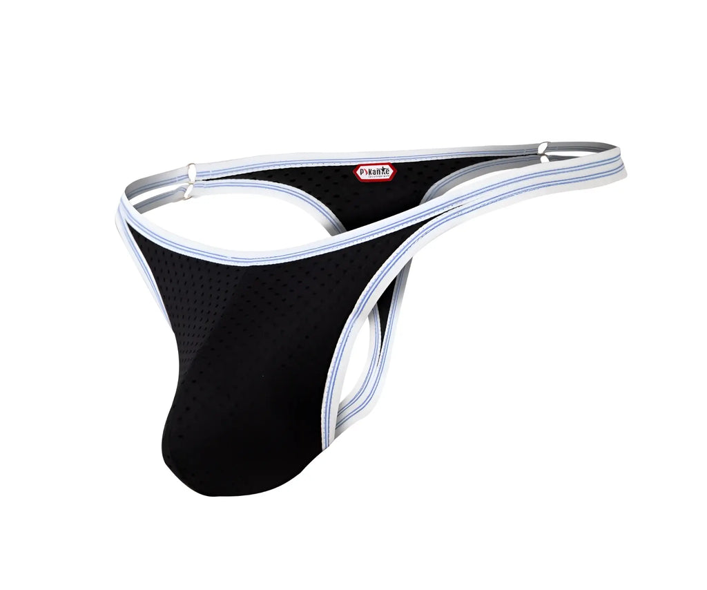 Black mesh thong with white and light blue striped trim and red dyknite tag on waistband pikante pik 0983 novo thong