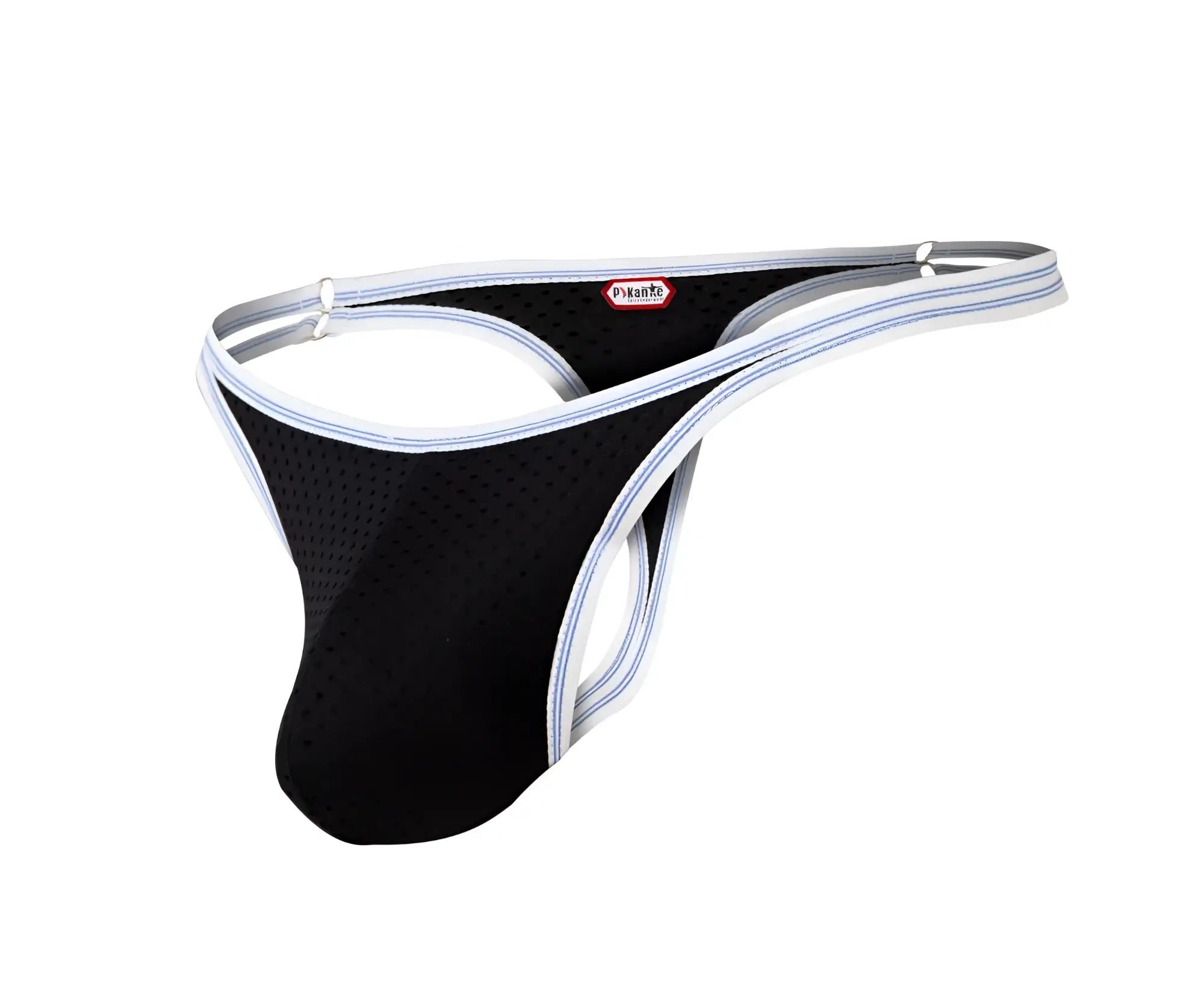 Black mesh thong with white and light blue striped trim and red dyknite tag on waistband pikante pik 0983 novo thong