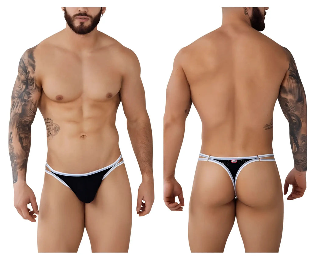 Black thong with white trim and small logo on backband shown from the back pikante pik 0983 novo thongs color black