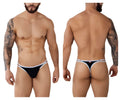 Black thong with white trim and small logo on backband shown from the back pikante pik 0983 novo thongs color black