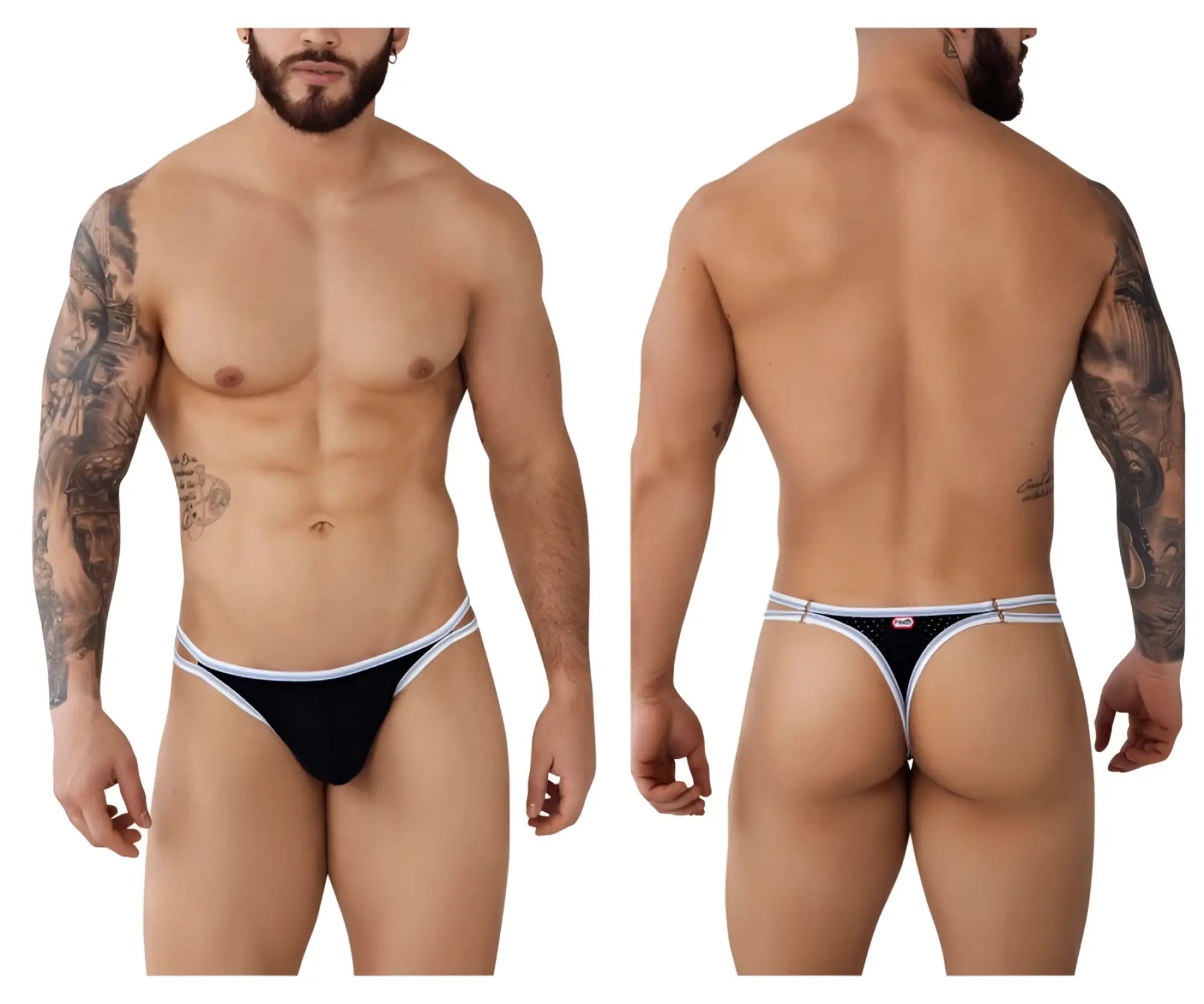 Pikante PIK 0983 Novo thongs in black, showing front and back views on a model.