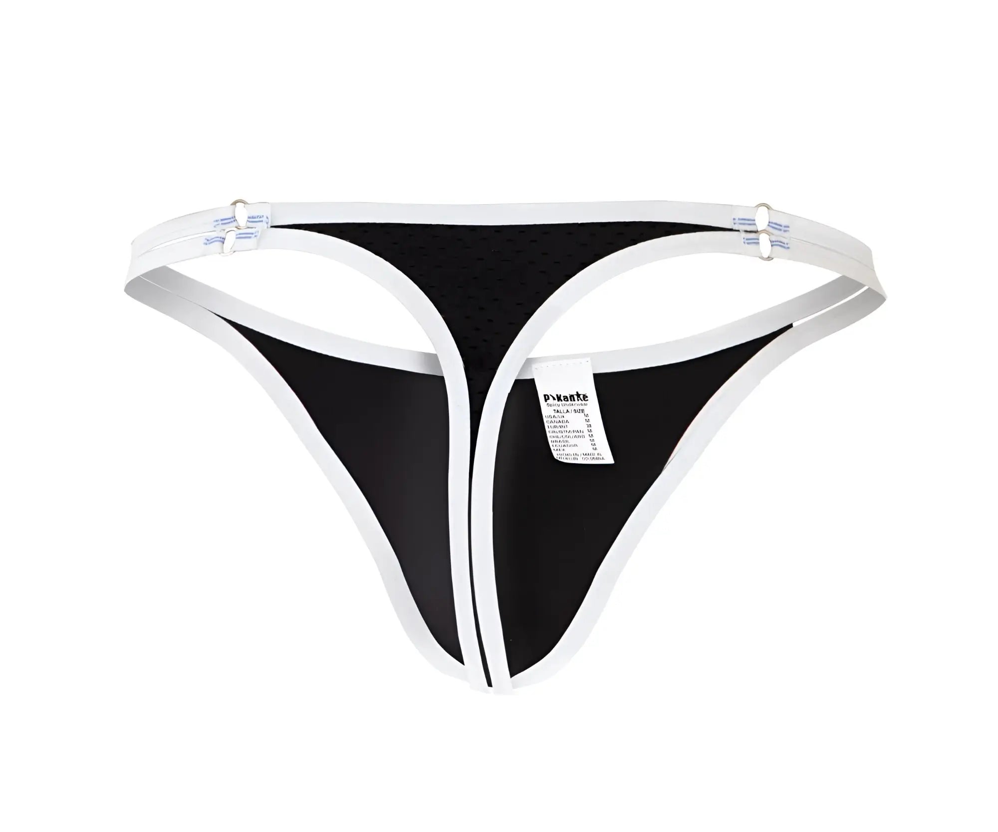Pikante pik 0983 novo thong in black with white trim mesh fabric body and adjustable elastic straps