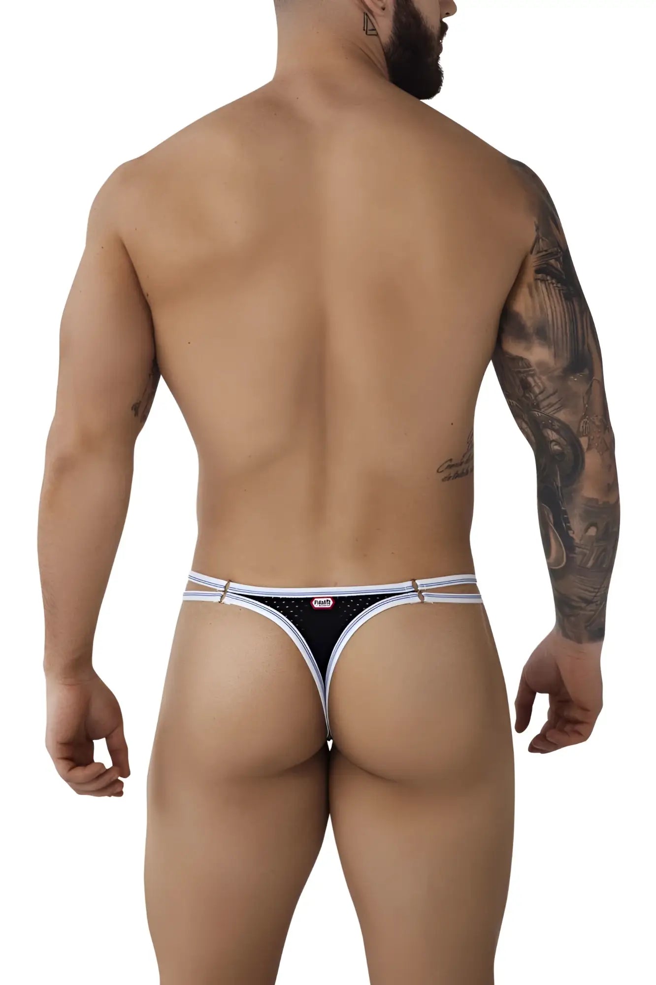 Black and white Pikante PIK 0983 Novo thong with subtle dotted pattern and brand logo on the waistband front side