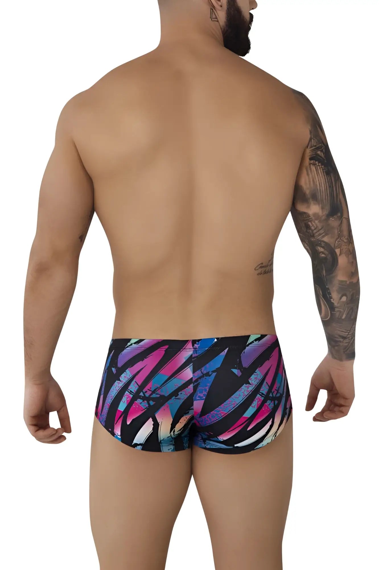 Pikante PIK 0988 Jartum trunks in black feature vibrant abstract pink blue and purple swim trunks with black accents