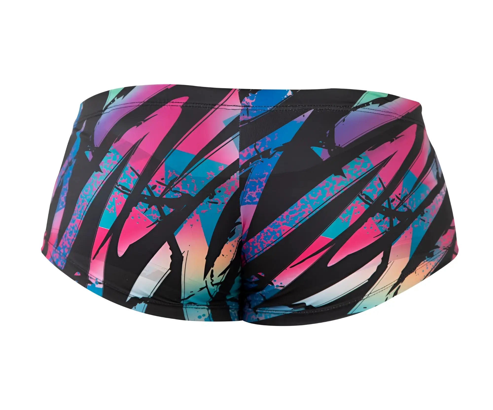 Pikante pik 0988 jartum trunks with vibrant abstract pink blue teal pattern and black brushstroke accents in black