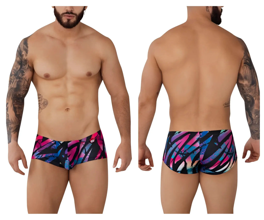 Pikante pik 0988 jartum trunks black with vibrant abstract pink blue and purple pattern swim shorts front view