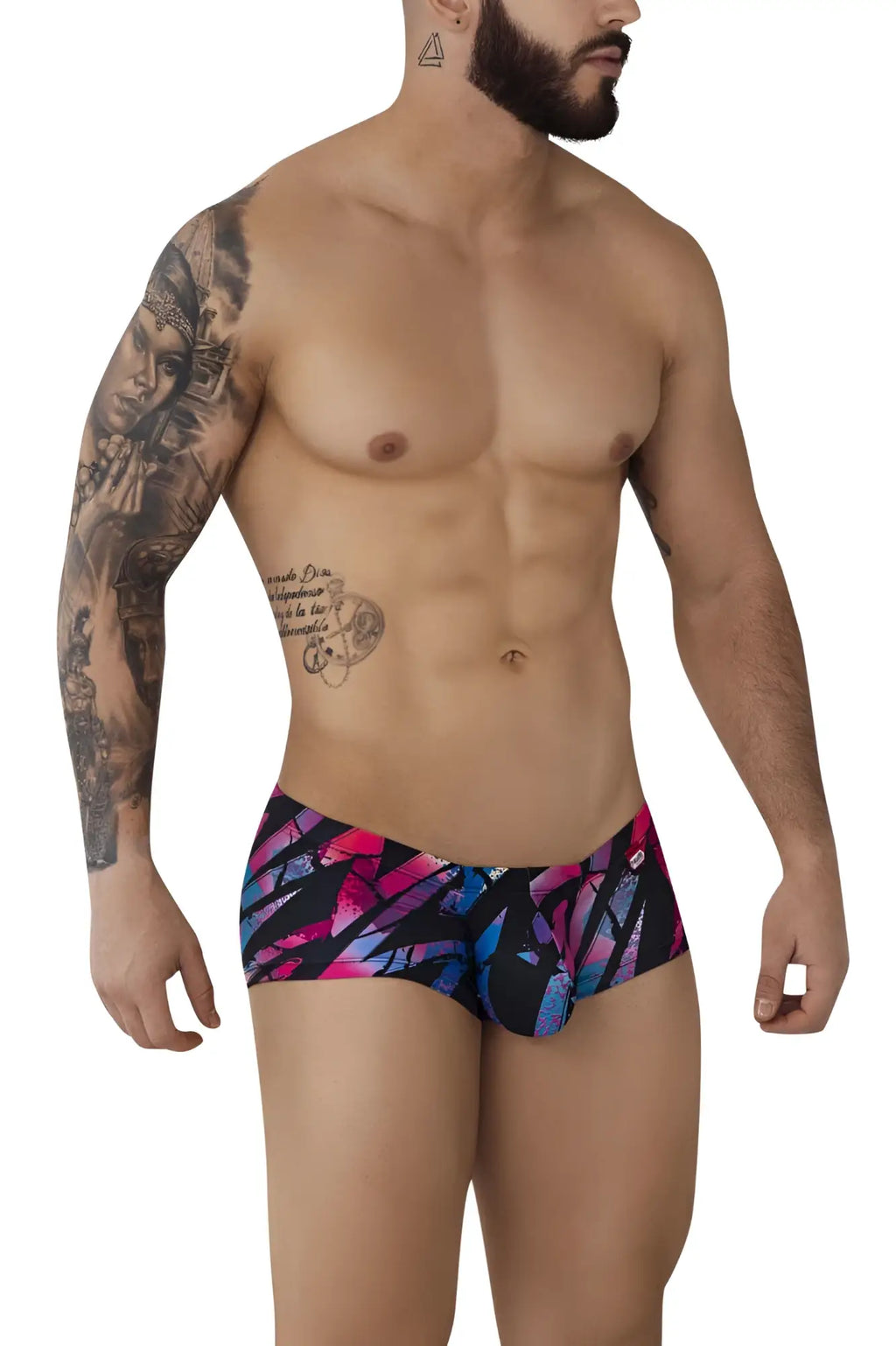 Pikante pik 0988 jartum trunks in black with vibrant pink and blue abstract pattern swimwear for men