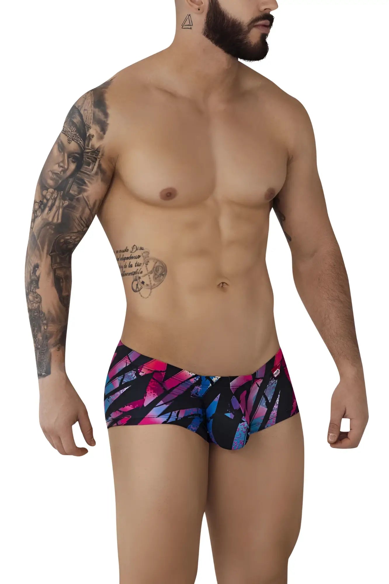 Pikante pik 0988 jartum trunks in black with vibrant pink and blue abstract pattern swimwear for men
