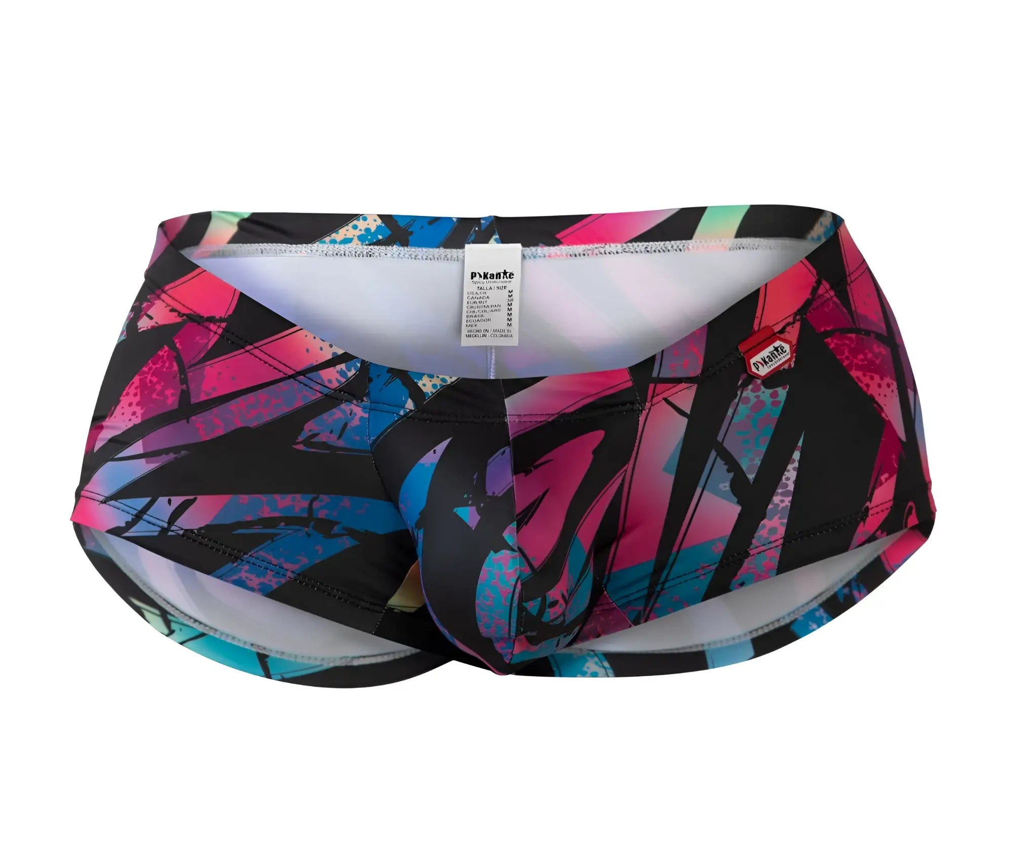 Vibrant graffiti style pikante pik 0988 jartum swim trunks in black pink and blue with bold abstract design