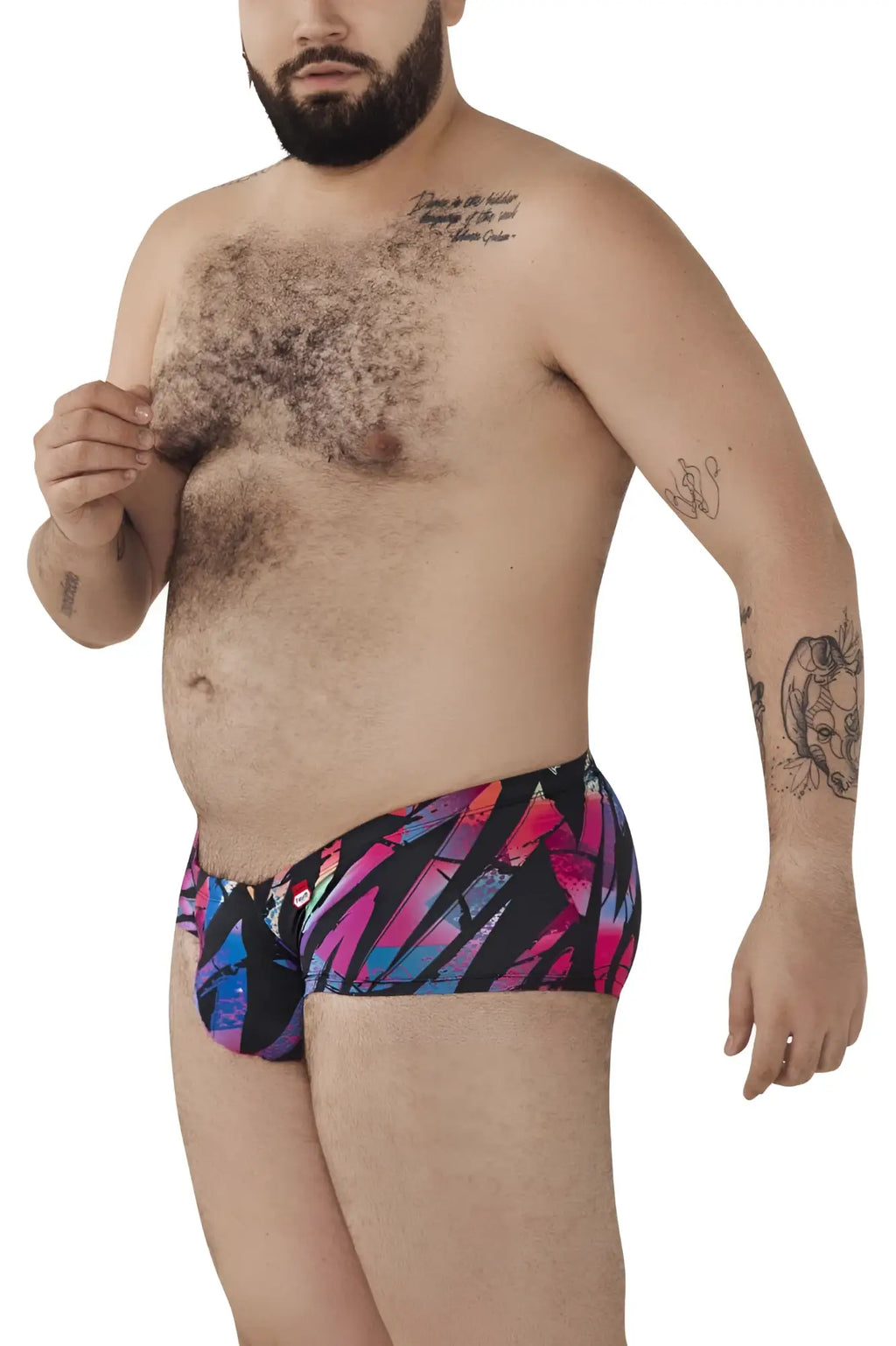 Pikante pik 0988x jartum trunks color black featuring vibrant geometric pink blue and purple swim trunks design