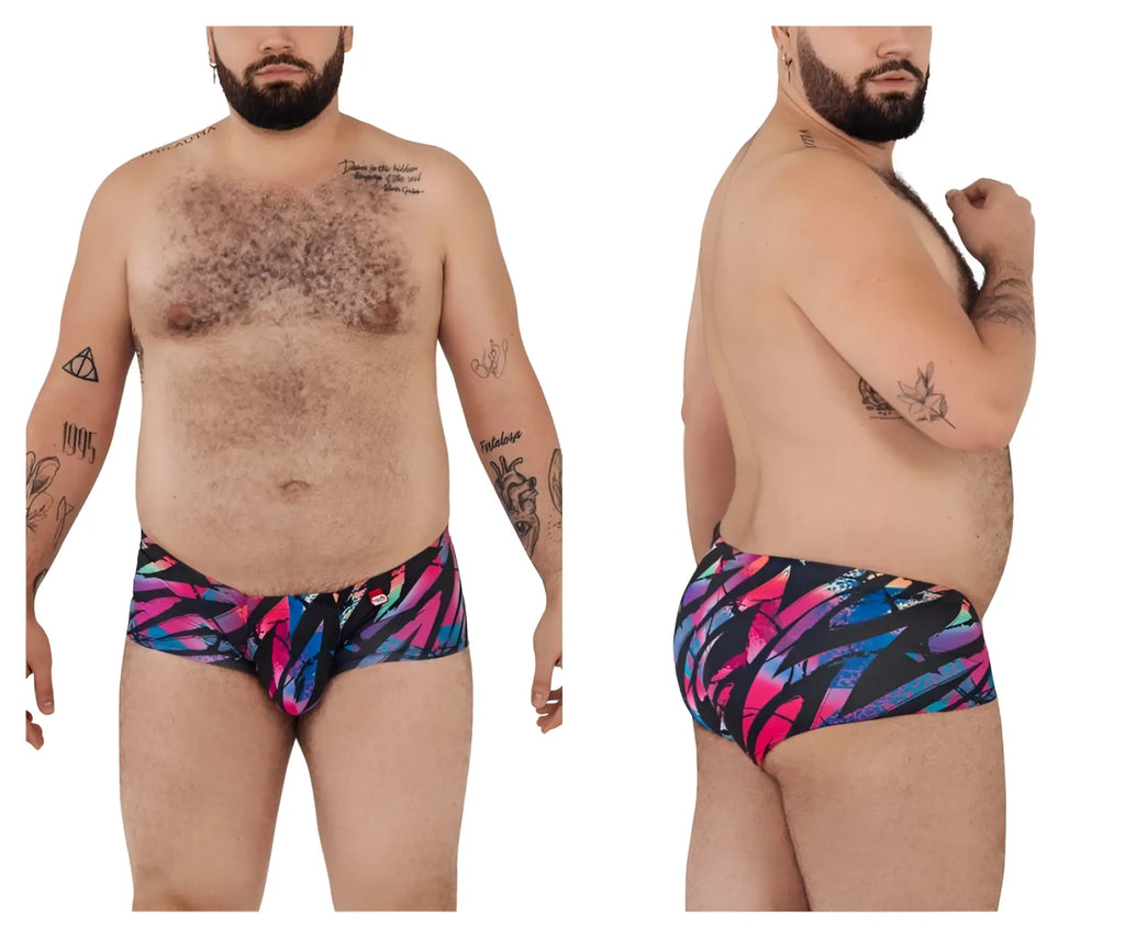 Vibrant pikante PIK 0988X jartum swim trunks in black with multicolored bold geometric pink blue and black pattern