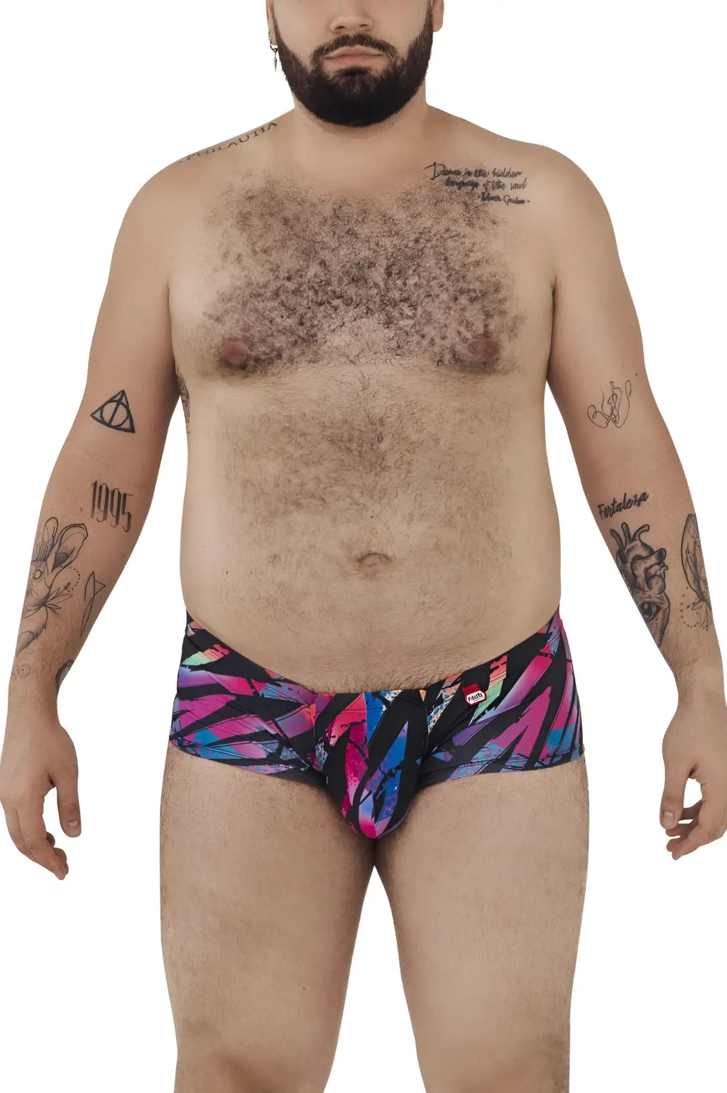 Vibrant pikante pik 0988x jartum swim trunks in black with bold pink blue and black feather pattern