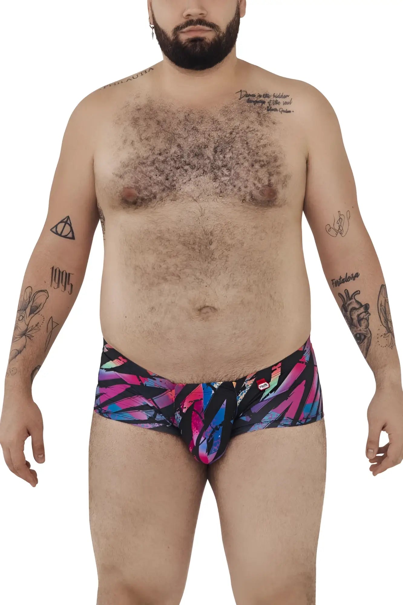 Vibrant pikante pik 0988x jartum swim trunks in black with bold pink blue and black feather pattern