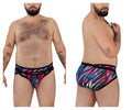 Pikante pik 0989x jartum briefs in black featuring vibrant abstract pink and blue patterns on swim trunks material