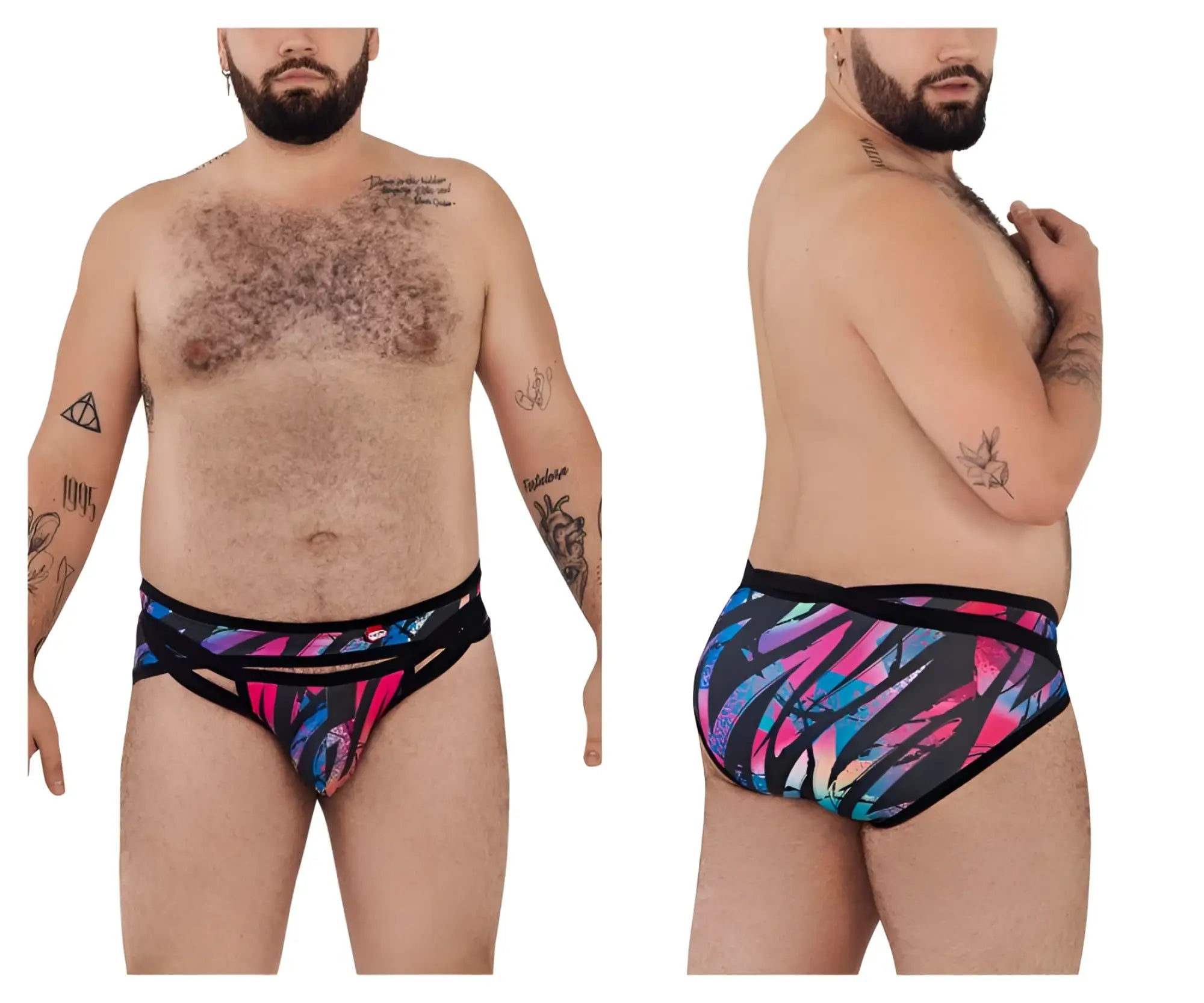 Pikante pik 0989x jartum briefs in black featuring vibrant abstract pink and blue patterns on swim trunks material