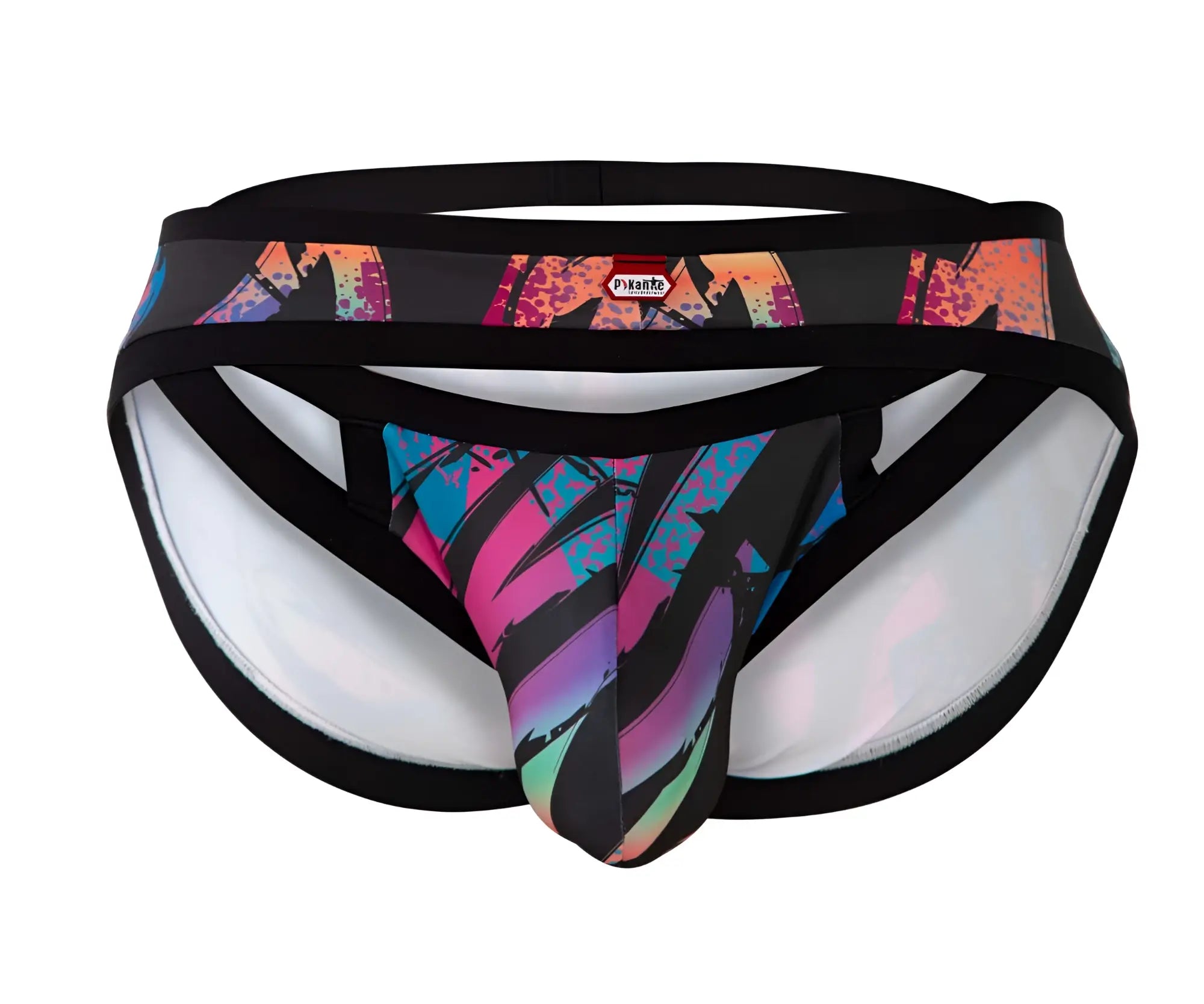 Vibrant graffiti-style printed pikante jartum briefs in black pink blue and purple with white interior lining